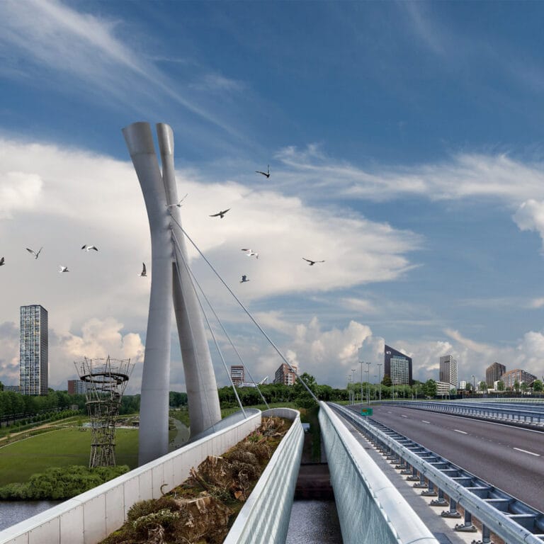 Vinding civieltechnisch ontwerp brug met snelweg en blauwe lucht met vogels